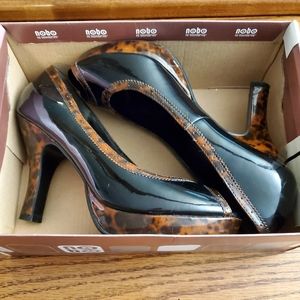 Black Patent & Tortoiseshell Look Peep-Toe Heels